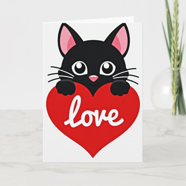 Cartão Cute Black Cat Love Heart Card (Frente)