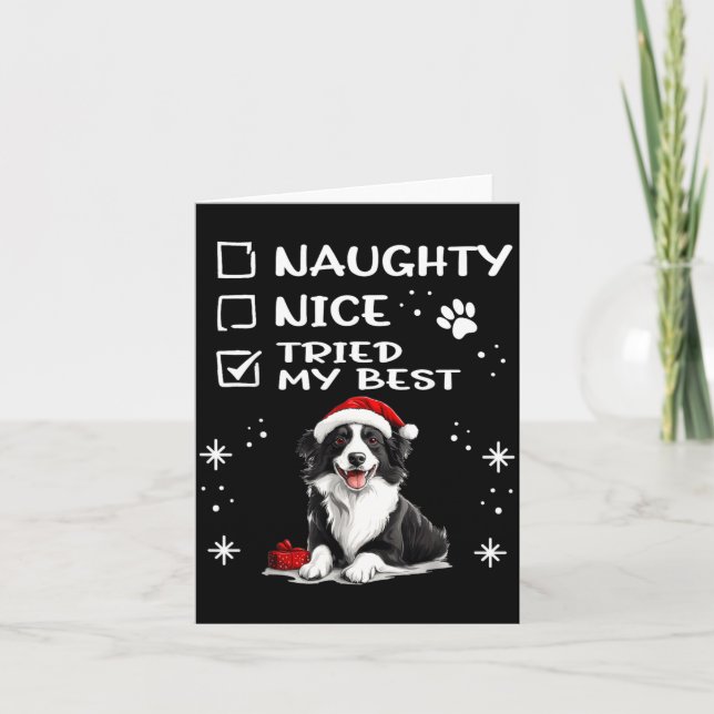 Cartão Cute Border Collie Dog Christmas Naughty Nice Trie (Frente)