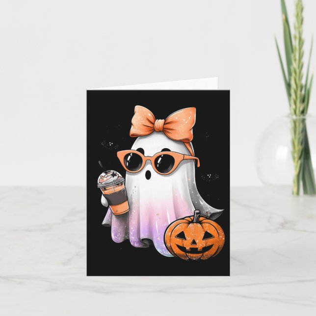 Cartão Cute Bougie Ghost Café Pumpkin Spooky Season Hal (Frente)