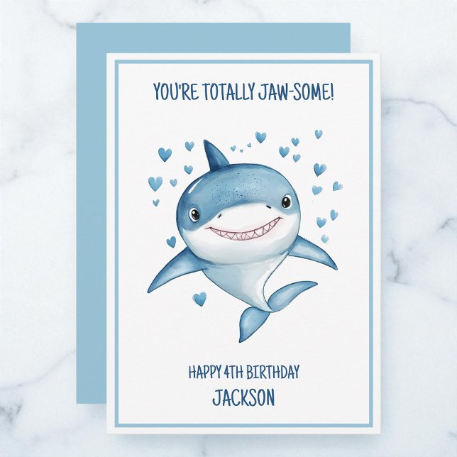 Cartão Cute Boys Custom Blue Shark Happy 4th Birthday (Cute Boys Custom Blue Shark Happy 4th Birthday Card)