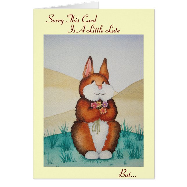 Cartão Cute brown bunny and flowers belated birthday (Frente)