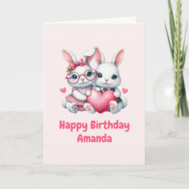 Cartão Cute Bunnies Sharing a Heart Birthday