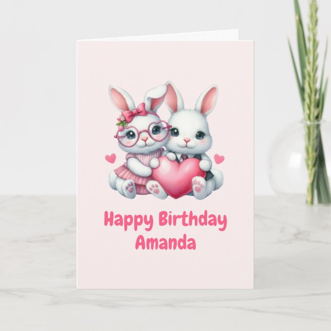 Cartão Cute Bunnies Sharing a Heart Birthday (Frente)