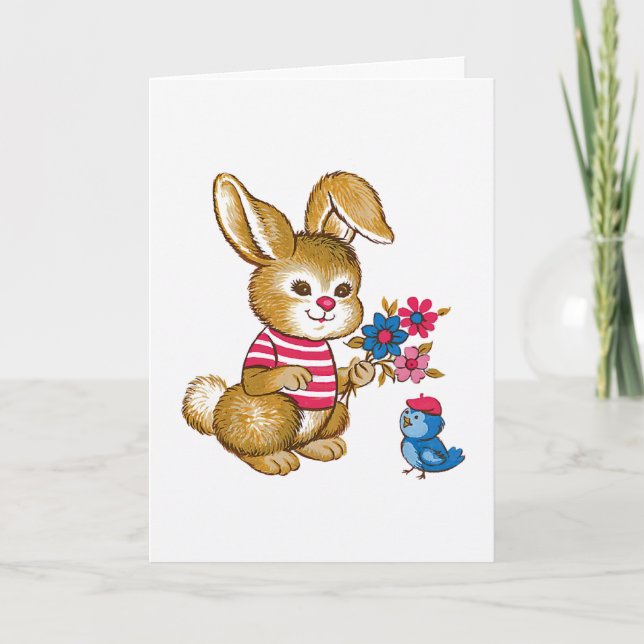 Cartão Cute Bunny and Bluebird Kids Birthday Card (Frente)