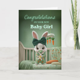 Cartão Cute Bunny Baby in Green Congrats on New Baby Girl