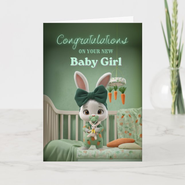 Cartão Cute Bunny Baby in Green Congrats on New Baby Girl (Frente)