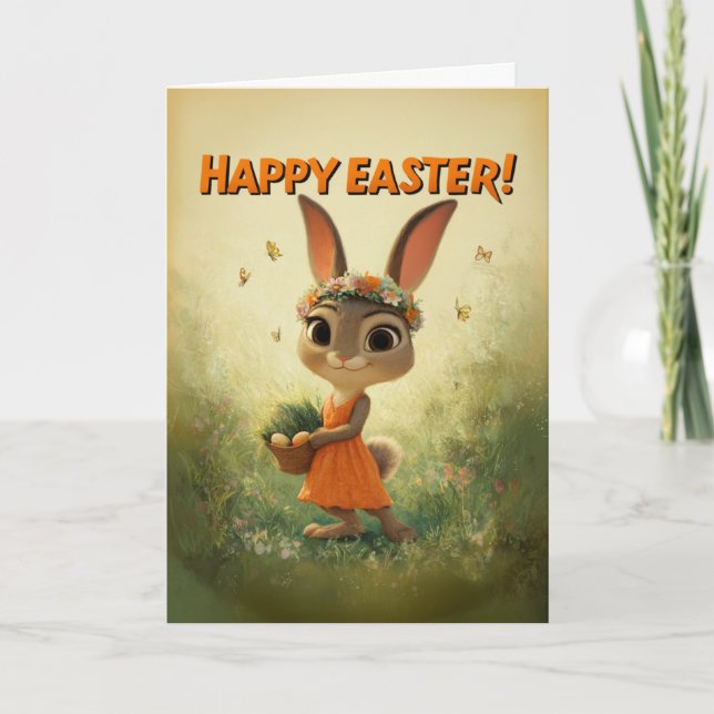Cartão Cute Bunny in Orange Dress with Easter Basket (Frente)