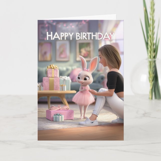 Cartão Cute Bunny in Pink Dress with Gifts Happy Birthday (Frente)