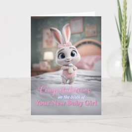 Cartão Cute Bunny in Pink New Baby Girl Congratulations