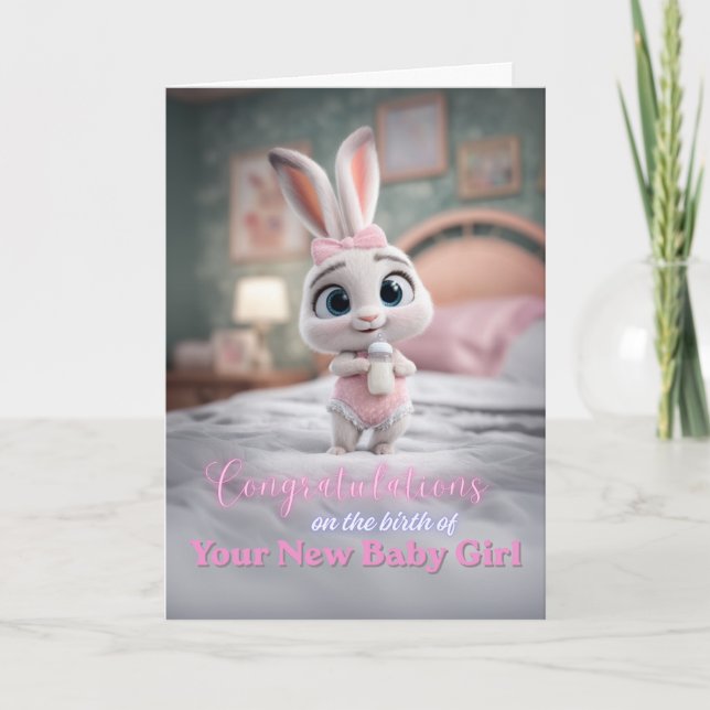 Cartão Cute Bunny in Pink New Baby Girl Congratulations (Frente)