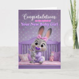 Cartão Cute Bunny in Purple New Baby Girl Congratulations
