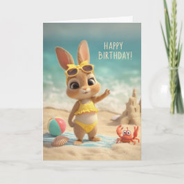 Cartão Cute Bunny in Yellow Swimsuit Beach Birthday
