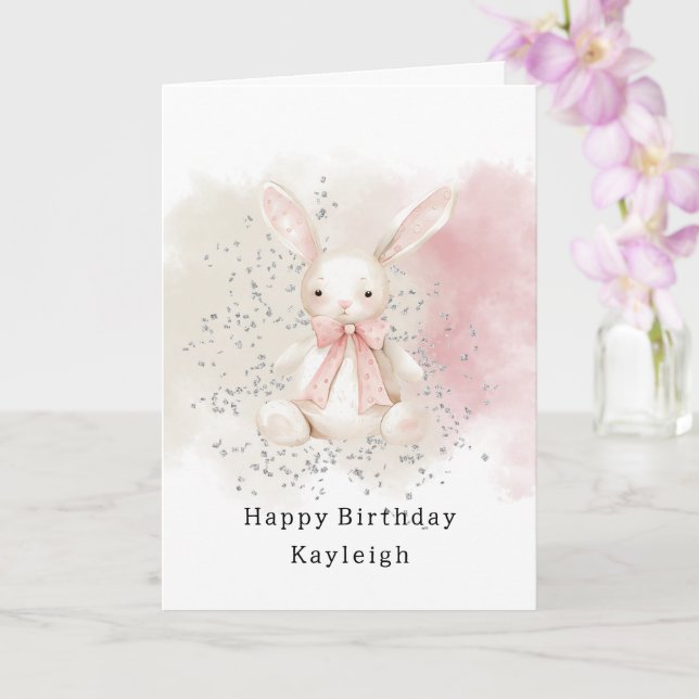 Cartão Cute Bunny with Bow Birthday (Orquídea)