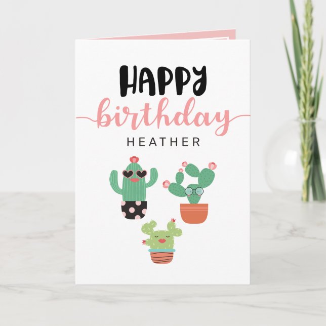 Cartão Cute Cacti Pink Happy Birthday (Frente)