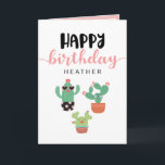 Cartão Cute Cacti Pink Happy Birthday<br><div class="desc">Adorable cactus themed birthday card where you can write your own greeting inside on a pink background adorned with white cacti. The cover features happy birthday written in two fonts: one black hand lettered bold font; one pink calligraphy script. Add the birthday girl's name in modern black letters above three...</div>