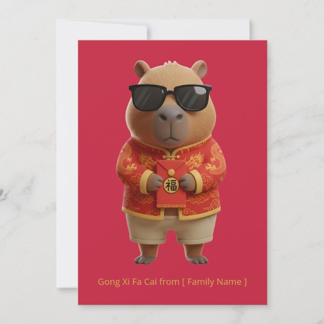Cartão Cute Capybara Chinese New Year Red Gold Custom  (Frente)