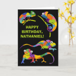 Cartão Cute Cartoon Chameleons Personalized Birthday<br><div class="desc">Send some personalized birthday greetings to fans of chameleons and other reptiles or customize this greeting card with messages for any occasion. This card features cute cartoon style illustrations of chameleons in bright, vibrant colors set against a black background and is ready to be personalized with your own message on...</div>