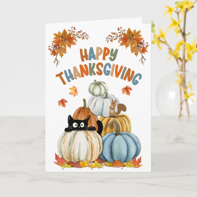 Cartão Cute Cat and Retro Pumpkins Happy Thanksgiving  (Flor Amarela)