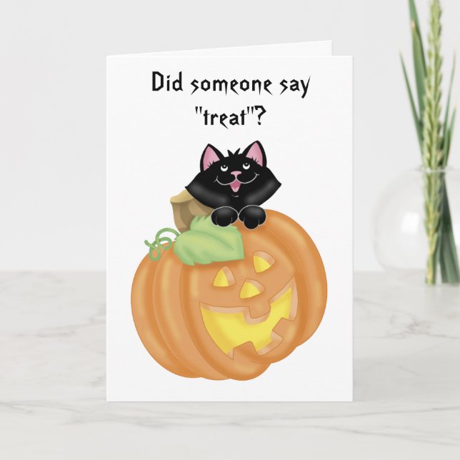 Cartão Cute Cat in Carved Pumpkin Greeting Card (Frente)