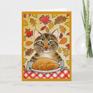 Cartão Cute cat Thanksgiving Turkey Autumn Leaves