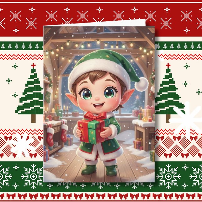 Cartão Cute Chibi Elfo com Presente de Natal Personalizad (Criador carregado)