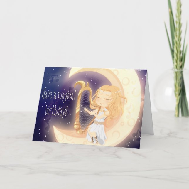 Cartão Cute Chibi girl playing harp on the moon birthday (Frente)