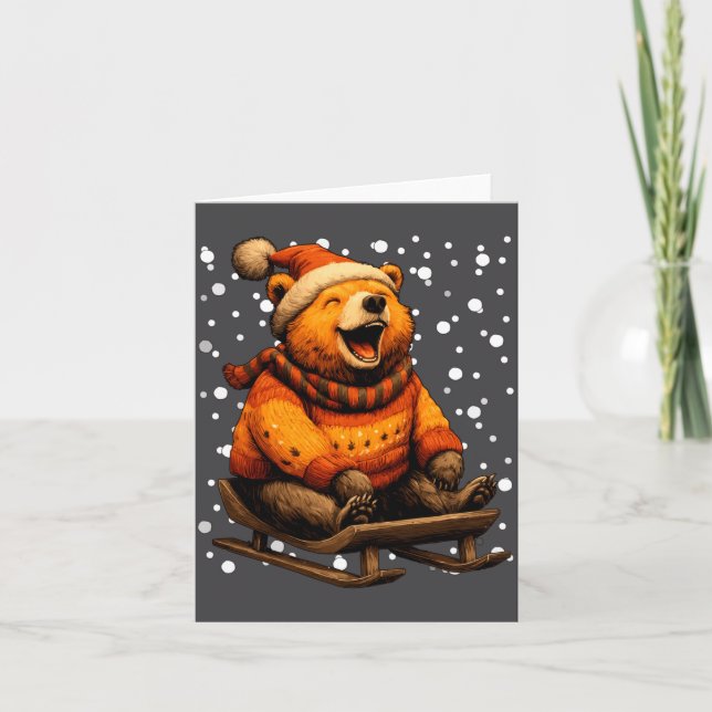 Cartão Cute Christmas Bear Sledding In Snow Funny Winter  (Frente)