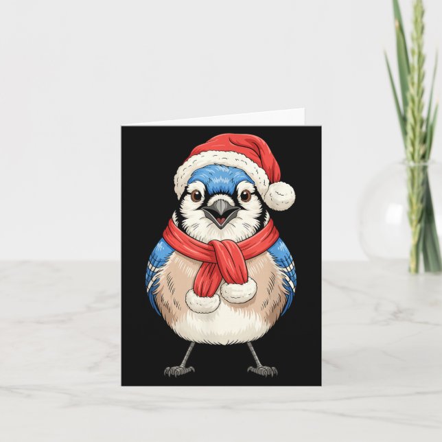 Cartão Cute Christmas Blue Jay Santa Bird Watching  (Frente)