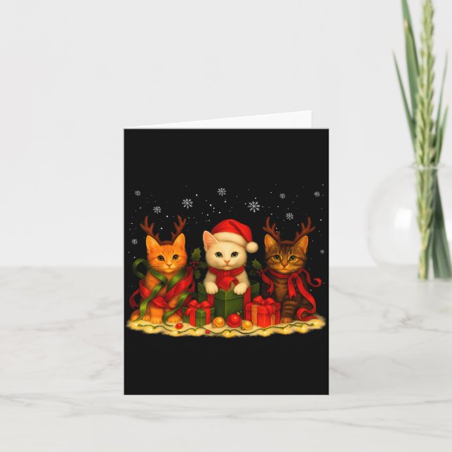 Cartão Cute Christmas Cat Xmas Lights Santa Reindeer Cat  (Frente)