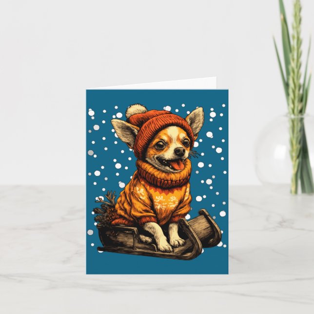 Cartão Cute Christmas Chihuahua Sledding In Snow Funny Wi (Frente)