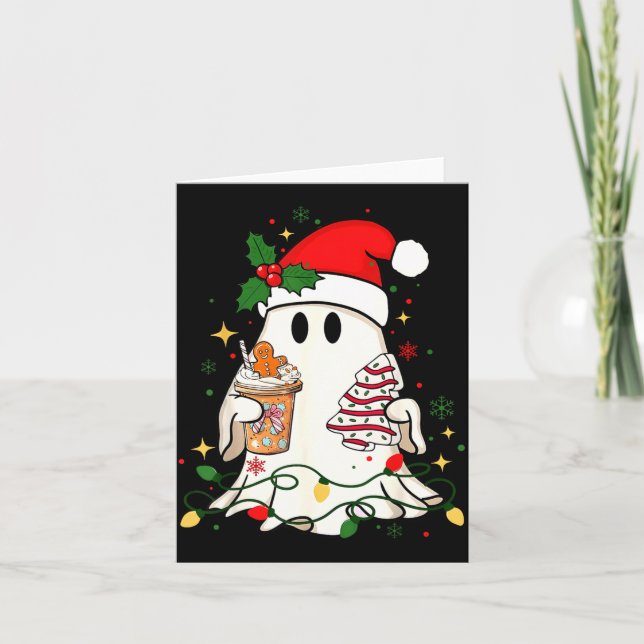 Cartão Cute Christmas Ghost Coffee Tree Cake Xmas Lights  (Frente)