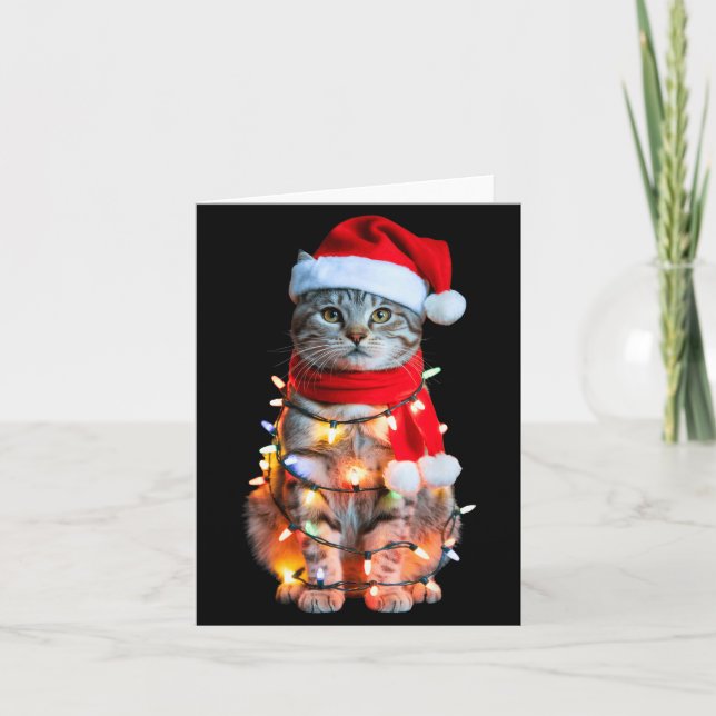 Cartão Cute Christmas Tabby Cat In Lights Santa Hat For K (Frente)