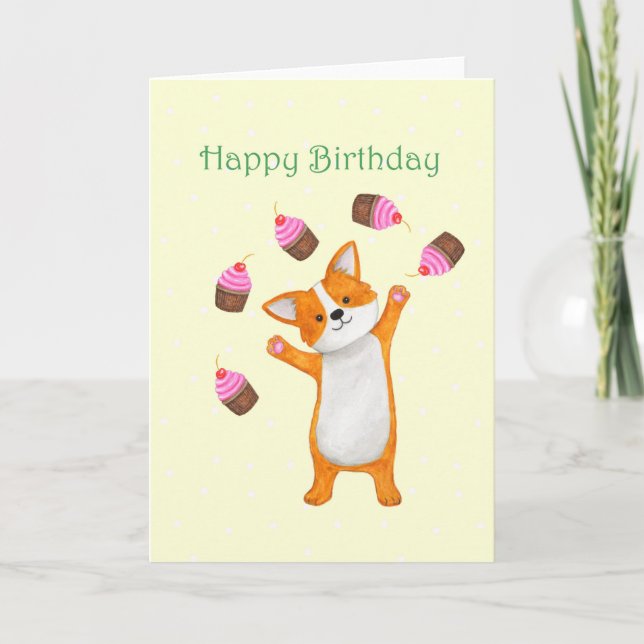 Cartão Cute Corgi with cupcakes Corgi Happy Birthday (Frente)