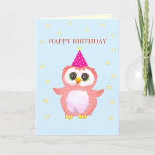 Cartão Cute Coruja Rosa & Desejos de Aniversário Editávei