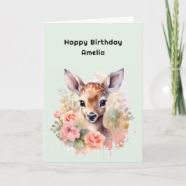 Cartão Cute Deer Cercado Por Rosas Aniversário