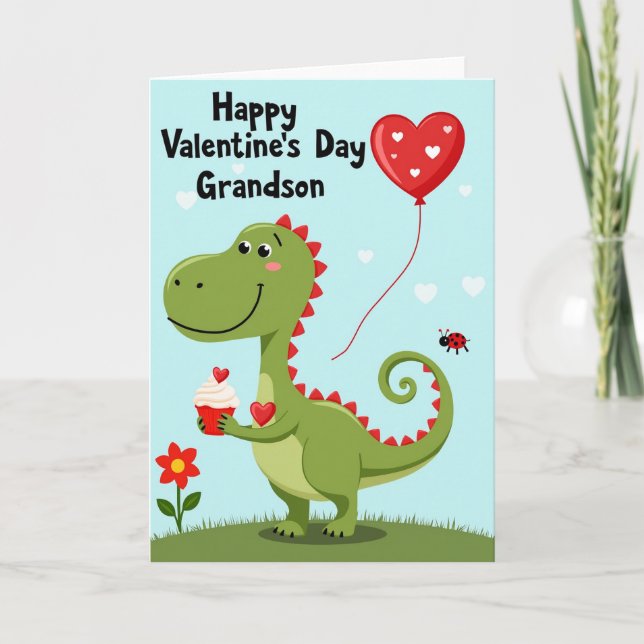 Cartão Cute Dino Valentines Grandson Card (Frente)