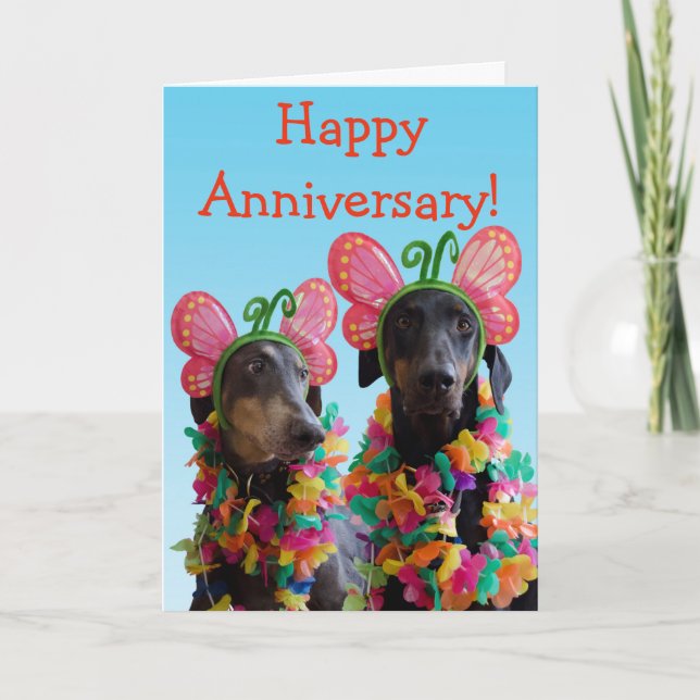 Cartão Cute Doberman dog butterfly couple anniversary (Frente)