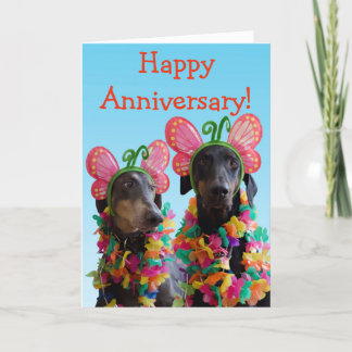 Cartão Cute Doberman dog butterfly couple anniversary