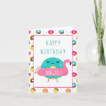 Cartão Cute Donut Flamingo Happy Birthday Pool Party<br><div class="desc">Cute Donut Flamingo Pool Party Personalized Girls Birthday Folded Greeting Card. Fun blue iced donut with a flamingo pool float ready for a pool party.  www.SamAnnDesigns.com</div>