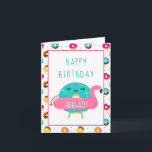 Cartão Cute Donut Flamingo Happy Birthday Pool Party<br><div class="desc">Cute Donut Flamingo Pool Party Personalized Girls Birthday Folded Greeting Card. Fun blue iced donut with a flamingo pool float ready for a pool party.  www.SamAnnDesigns.com</div>