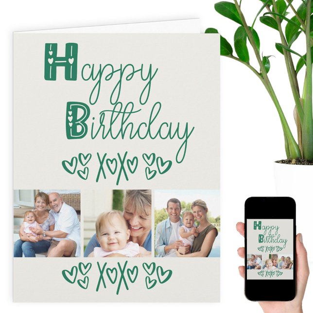 Cartão Cute Doodle Typography Green 3 Photo Birthday (Criador carregado)