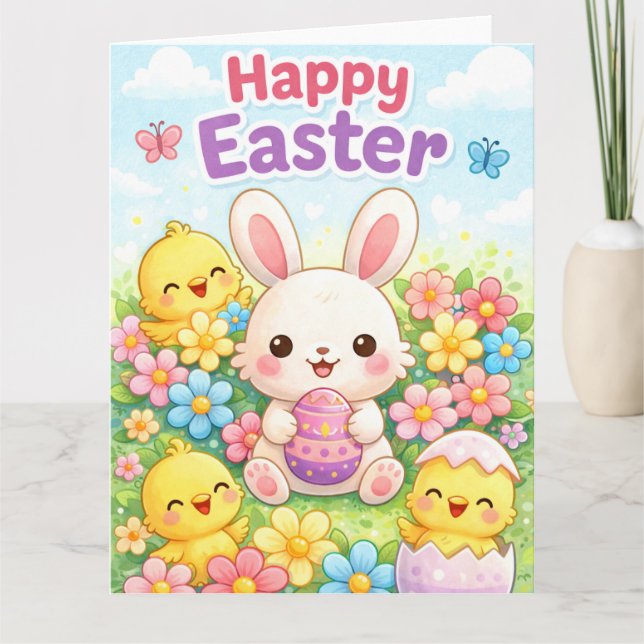 Cartão Cute Easter Bunny & Chicks | Happy Easter (Frente)