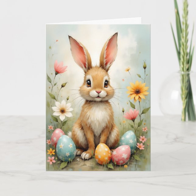 Cartão Cute Easter Bunny Eggs Flowers Easter (Frente)