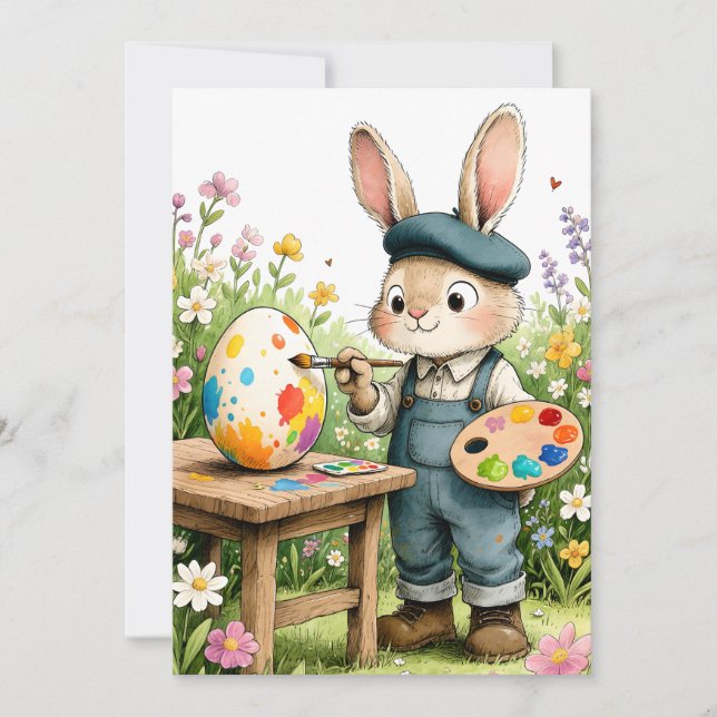 Cartão Cute Easter Bunny Painting Egg Whimsical Flat (Frente)