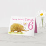 Cartão Cute echidna wtercolor running girls 6th birthday<br><div class="desc">Cute whimsical echidna with daisy flower watercolor art Australian animal birthday card. Customize with your own birthday girl's name,  age and inside message. Unique watercolor echidna art and design by Sarah Trett www.sarahtrett.com for www.mylittleeden.com</div>