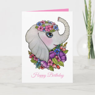 Cartão Cute Elephant And Wild Flowers In Watercolor