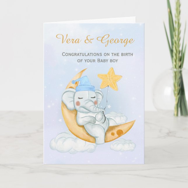 Cartão Cute Elephant Congratulations A New Baby Boy  (Frente)