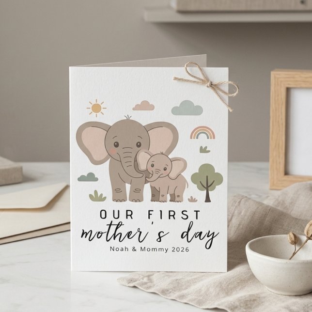 Cartão Cute Elephant Mom Baby First Mothers Day Art (Criador carregado)