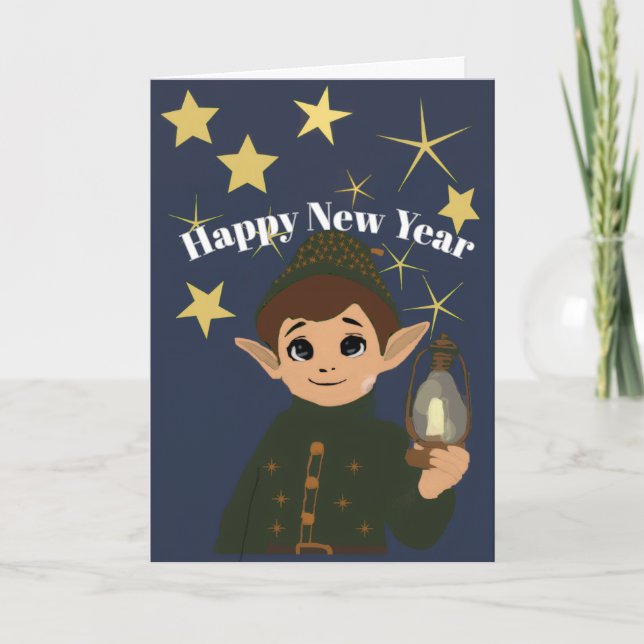 Cartão Cute Elf Watcher Starry Night Happy New Year Foldi (Frente)