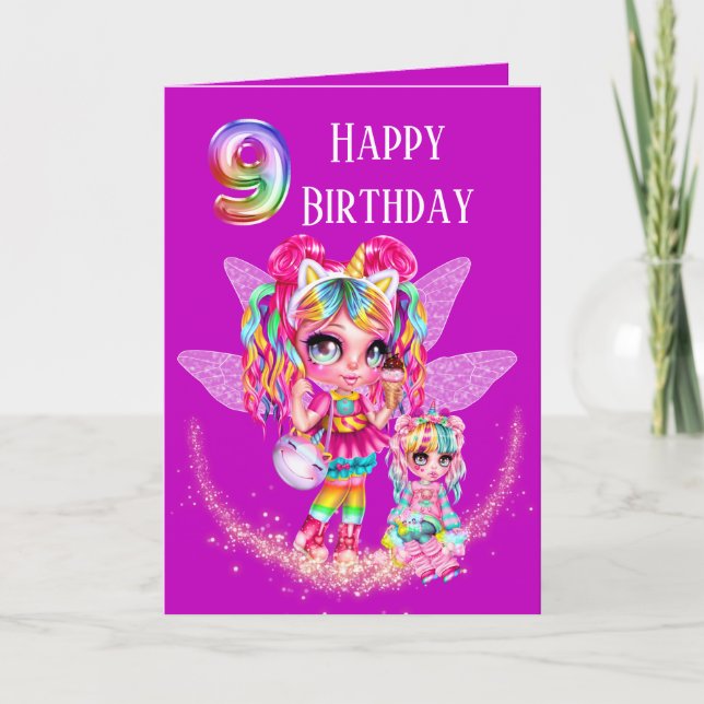 Cartão Cute fairy ninth birthday rainbow anime magic (Frente)